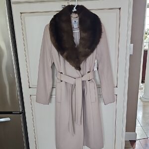 Worthington Cream Trench Coat with Brown Faux Fur Collar
